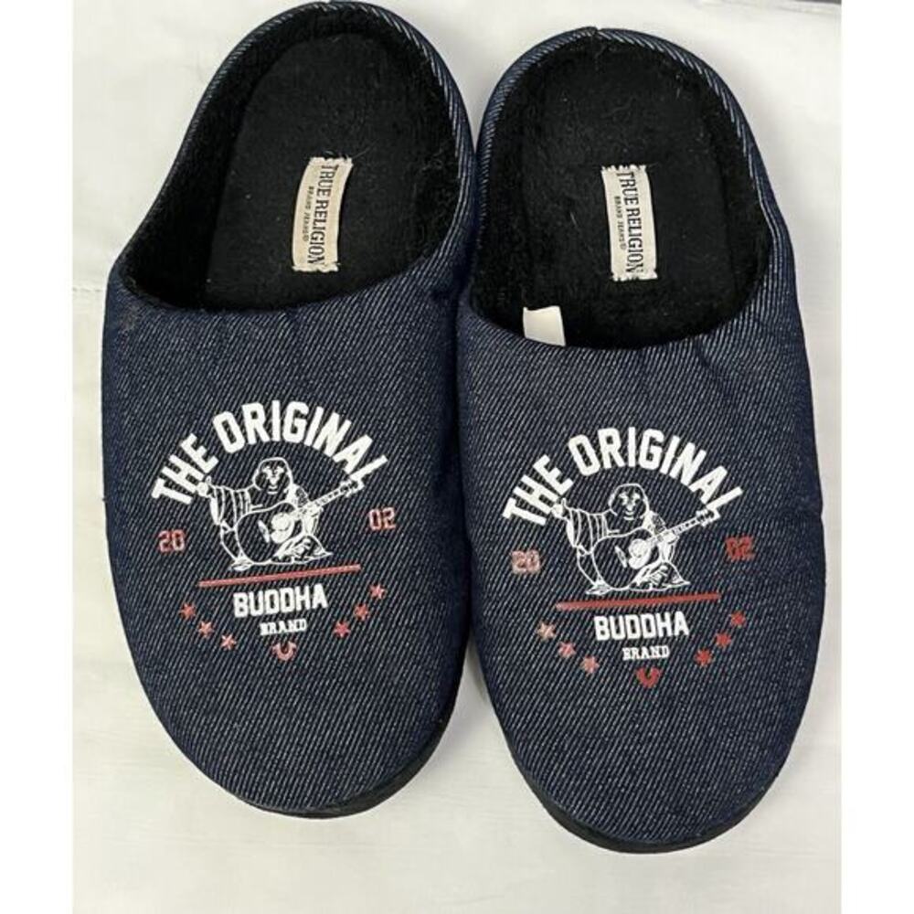 True Religion‎ Mens Size M 9-10 Black Blue Slip On Slippers Original Buddah